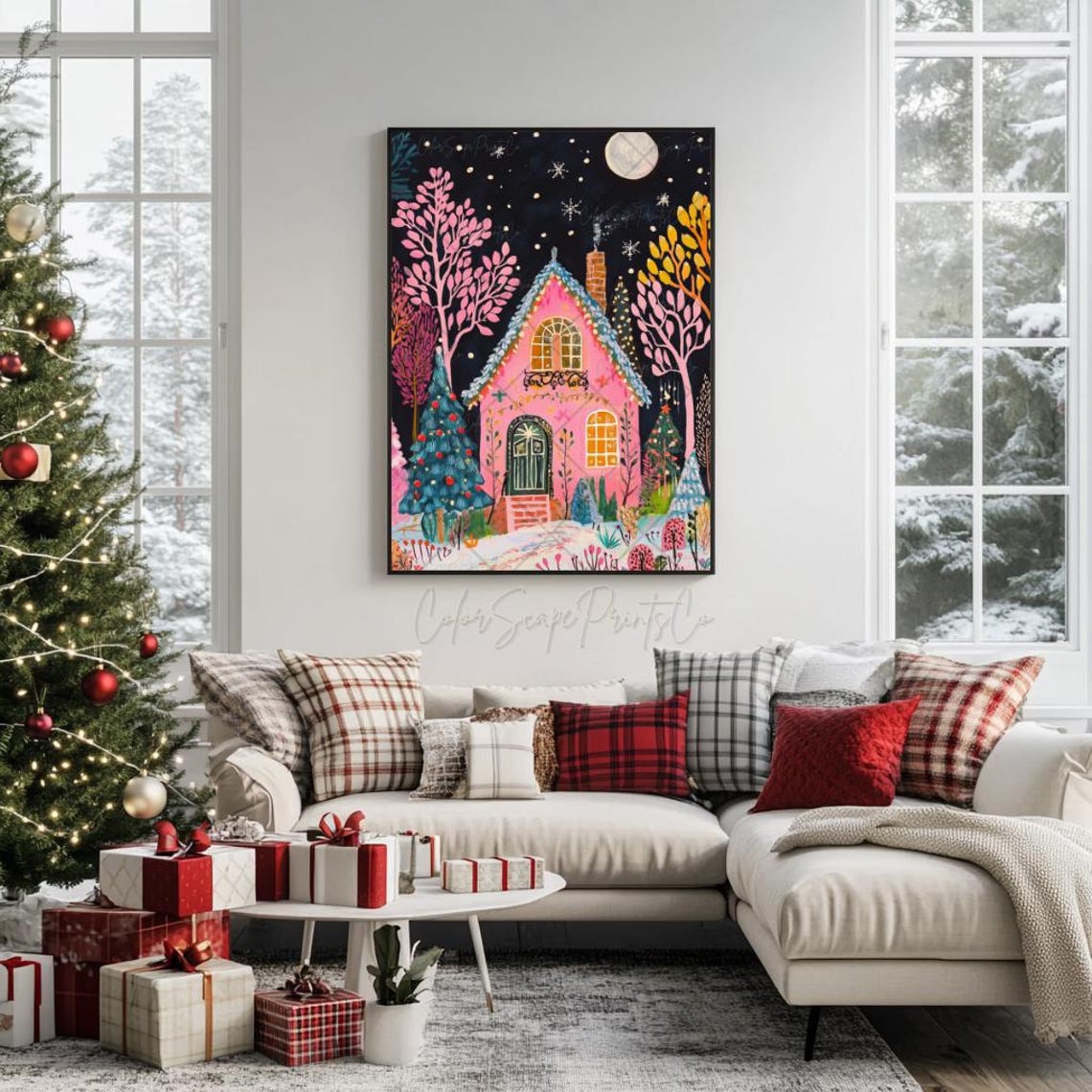 Pink Christmas House Print Winter Village Holiday Houses Decor Winter Garden Print Snowy House Print Pink Christmas Wall Art Cozy Winter Art - Image 3