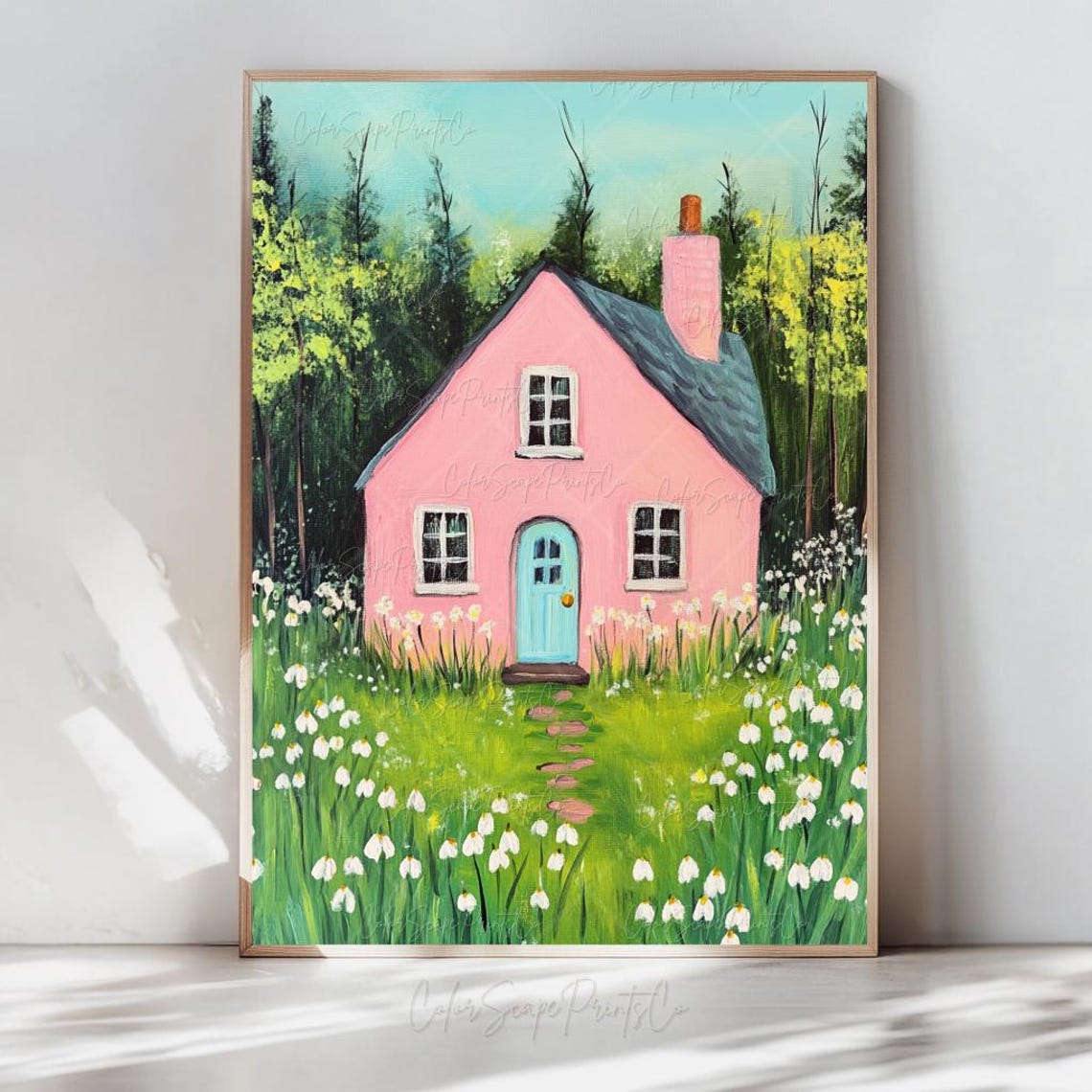 Pink Spring Cottage With Blue Door and Snowdrop Flower Poster
