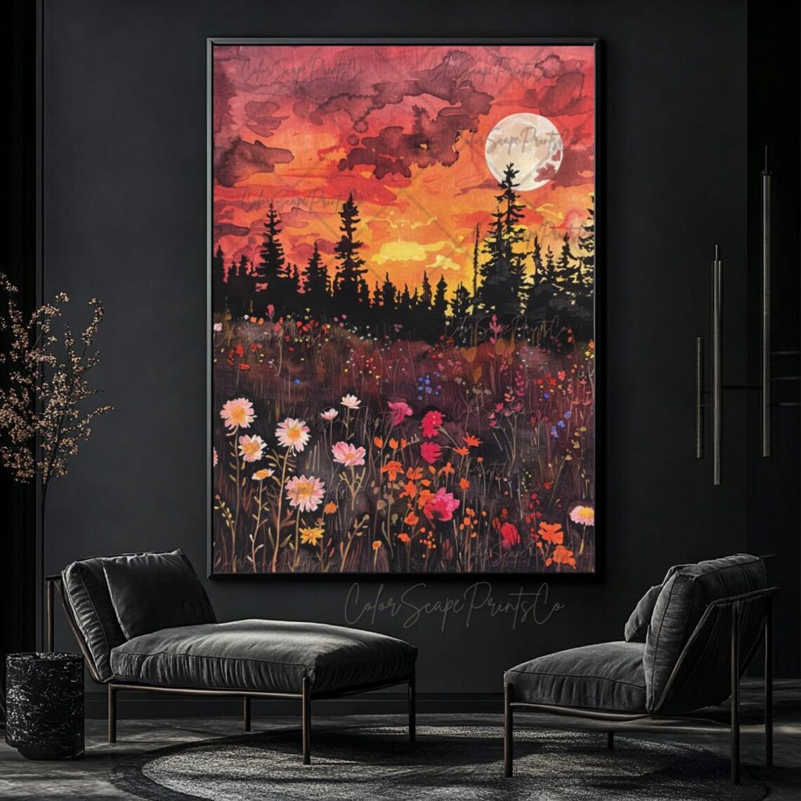 Field Of Flowers Painting Sunset Mountain Print Wildflower Field Framed Wall Art Botanical Landscape Sign Sun And Moon Sunset Wildflower Art - Image 4
