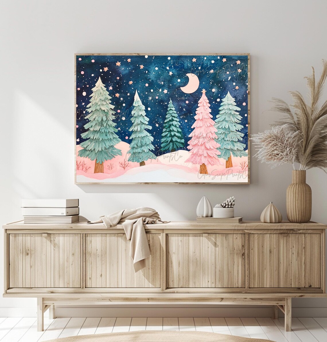 Pink Christmas Tree Winter Landscape Art Print - Image 3