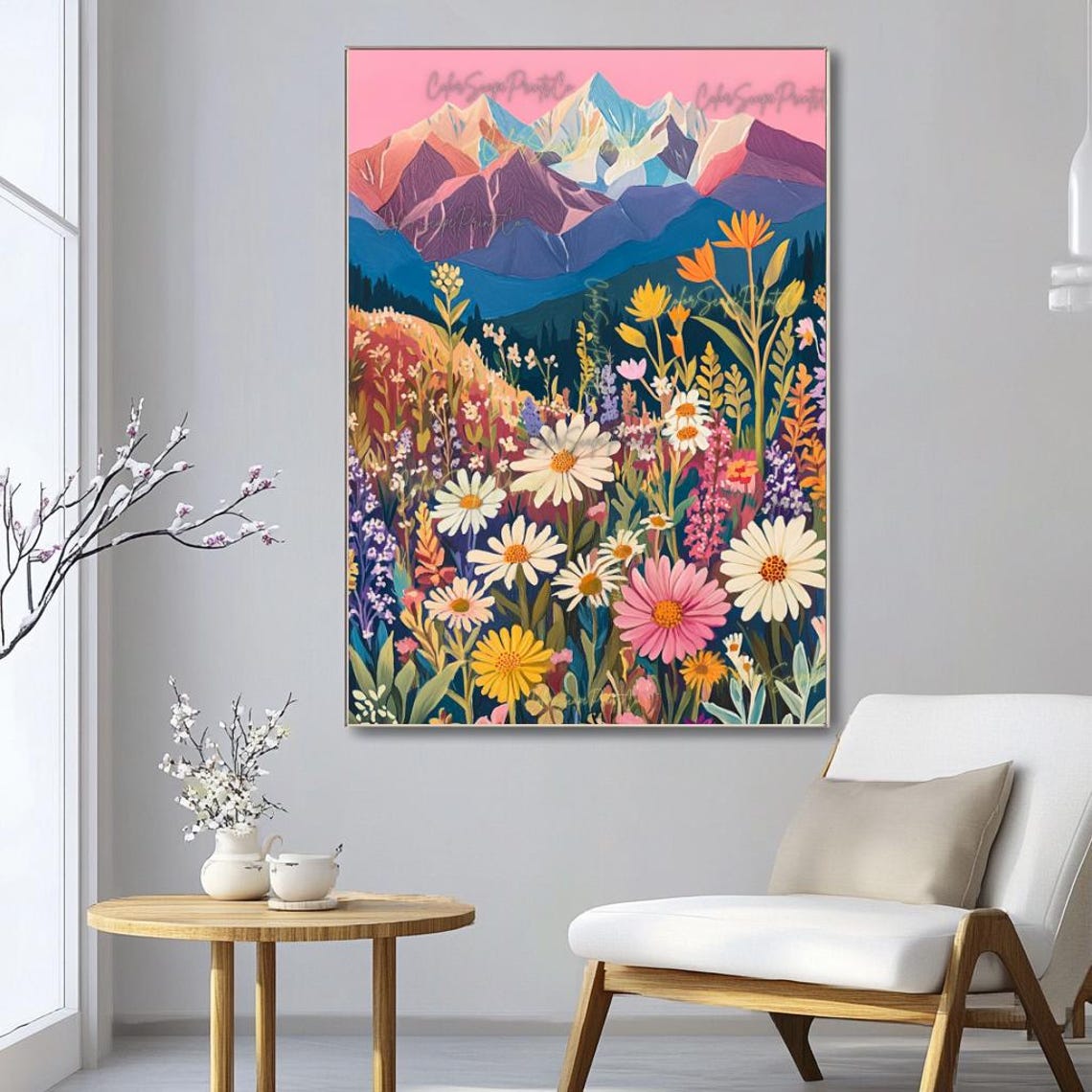 Pink Sky Mountain Wildflower Meadow Daisies Nature Art Poster - Image 2