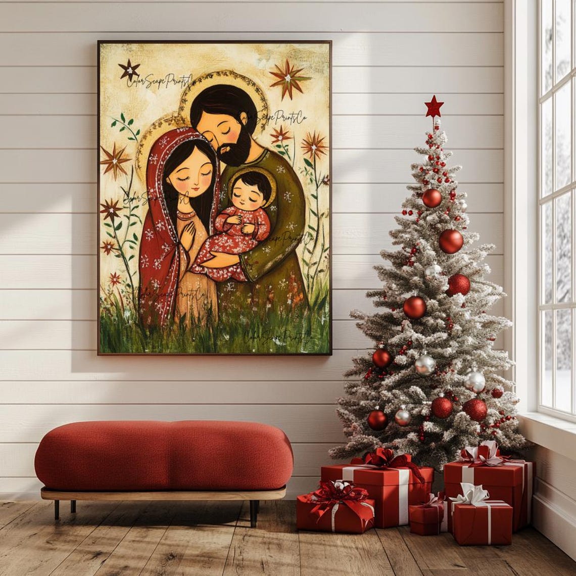 Jesus Mary Joseph Nativity Painting Holy Family Print Colorful Christmas Baby Jesus Print Birth Of Jesus Print Christian Wall Art - Image 3