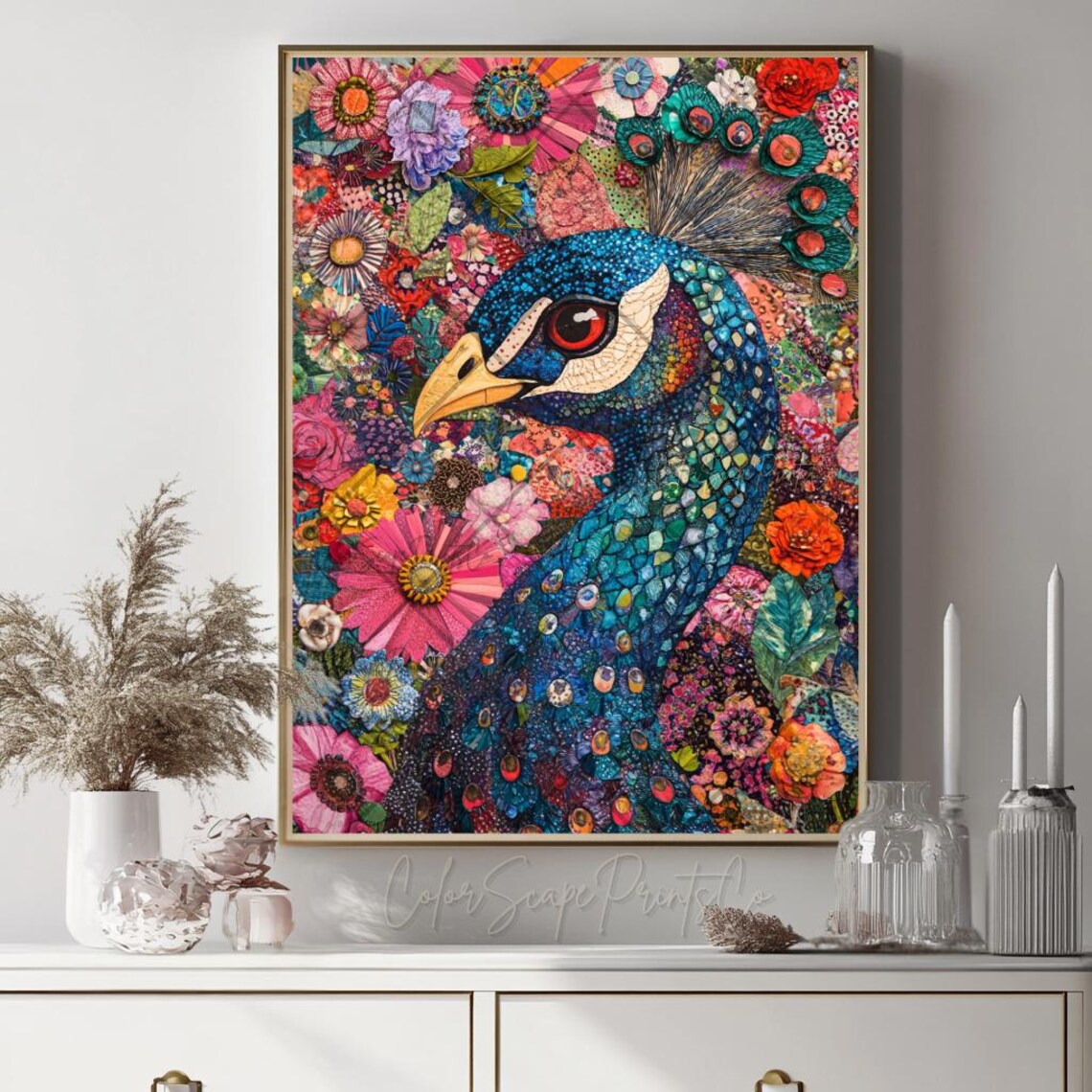 Colorful Peacock Portrait Floral Mosaic Artwork Jewel Tones Poster - Image 4