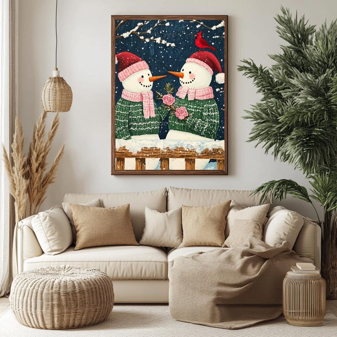 Two Cute Snowmen With Roses in the Snow Christmas Night Poster - Image 3