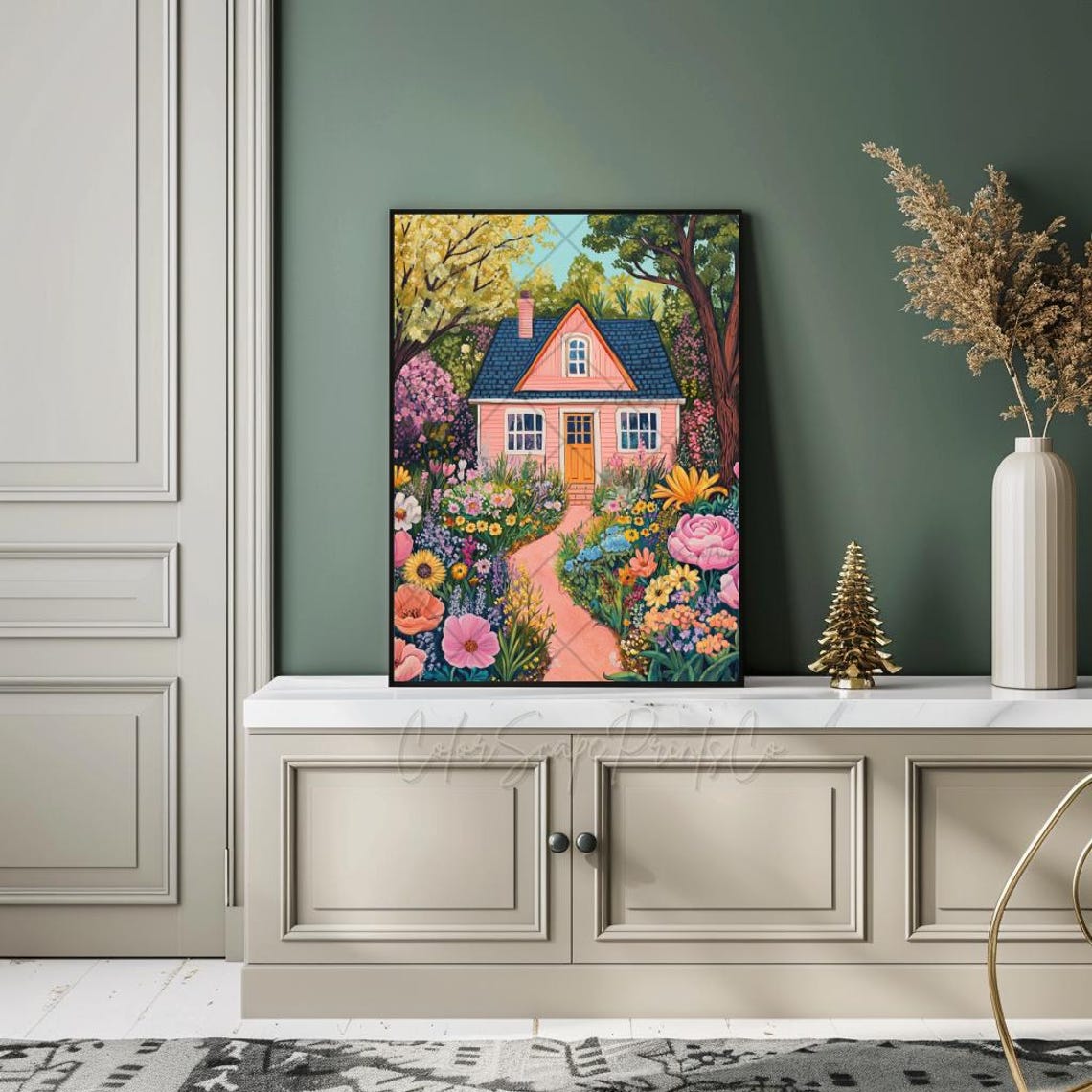 Pink Cottage Flower Garden Path Whimsical Floral House Poster - Image 4