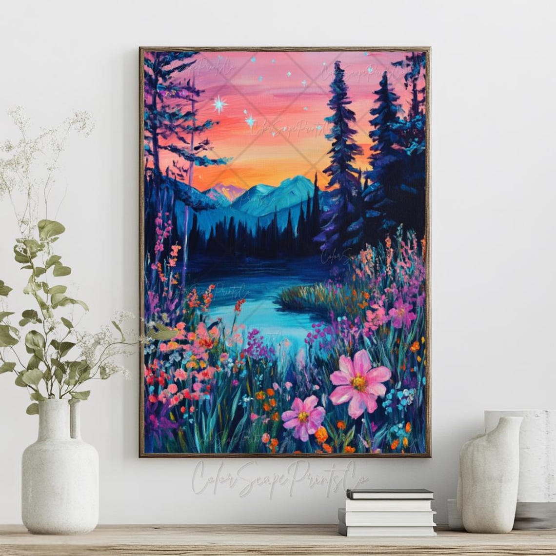 Wildflower Meadow Sunrise Over Mountains Colorful Nature Poster - Image 4