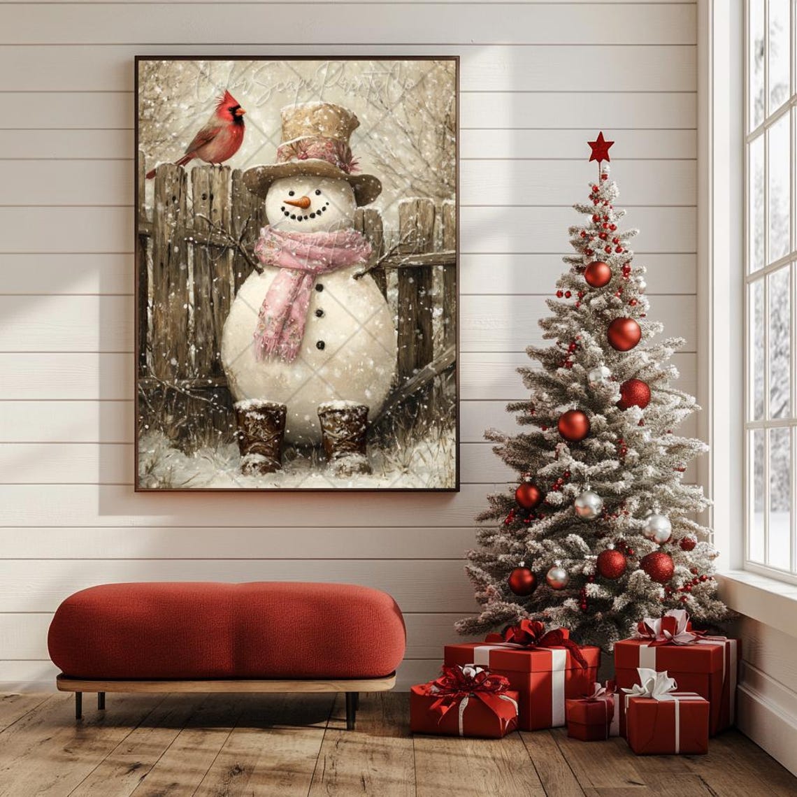 Vintage Snowman in Top Hat with Pink Scarf and Red Cardinal Poster - Image 4