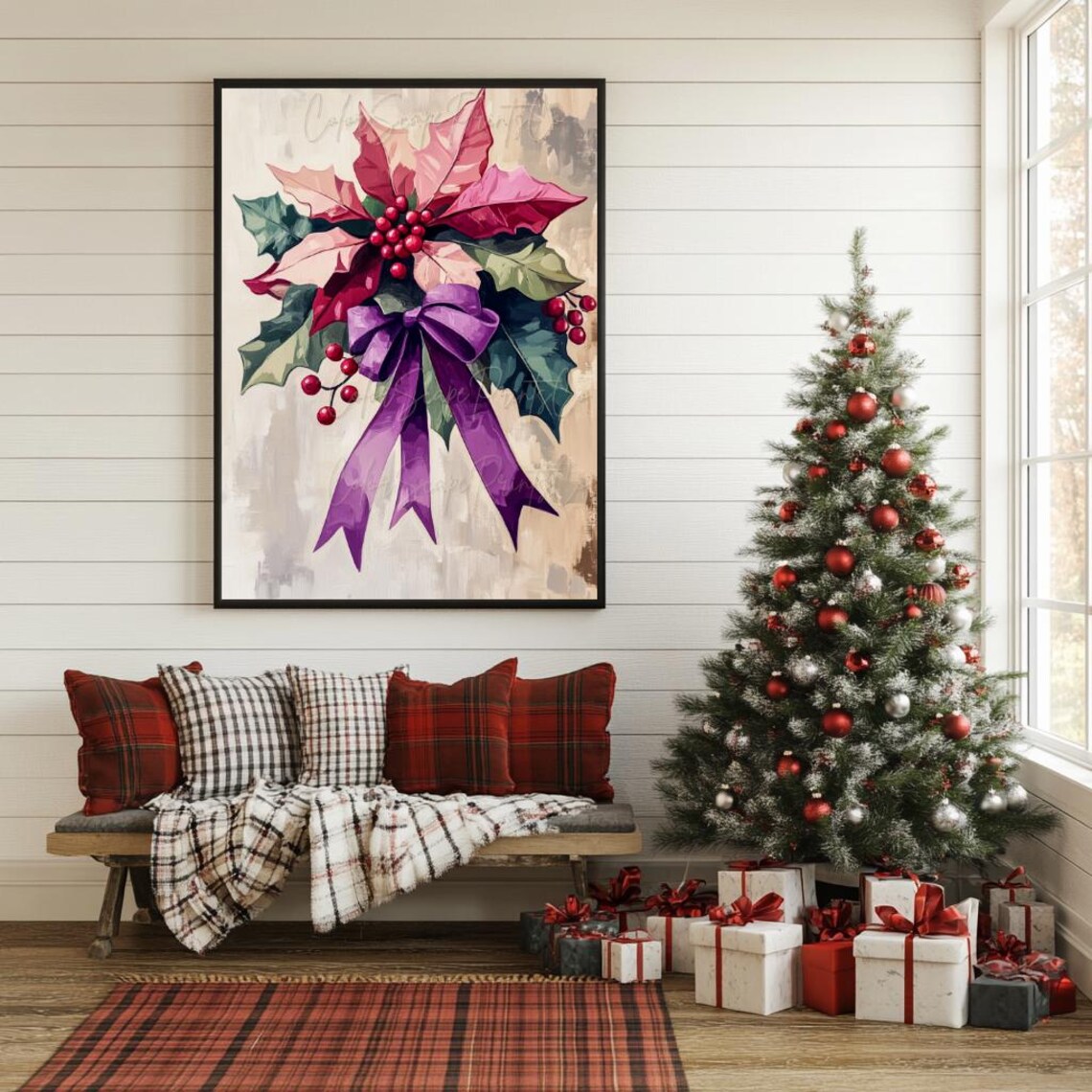Pink Poinsettia with Purple Bow and Berries Holiday Botanical Poster - Image 3