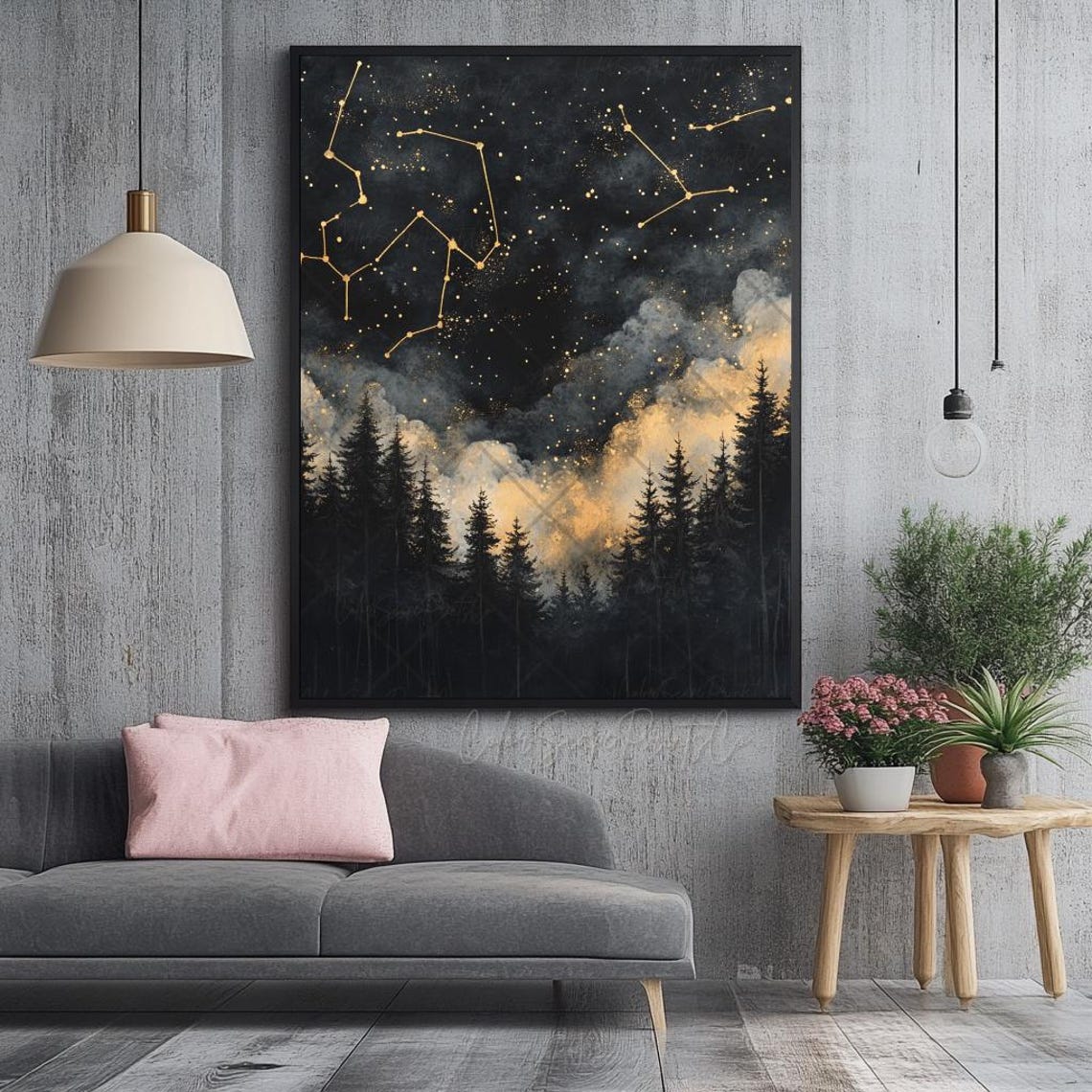 Gold Constellation Map Starry Night Over Pine Forest Silhouette Poster - Image 4