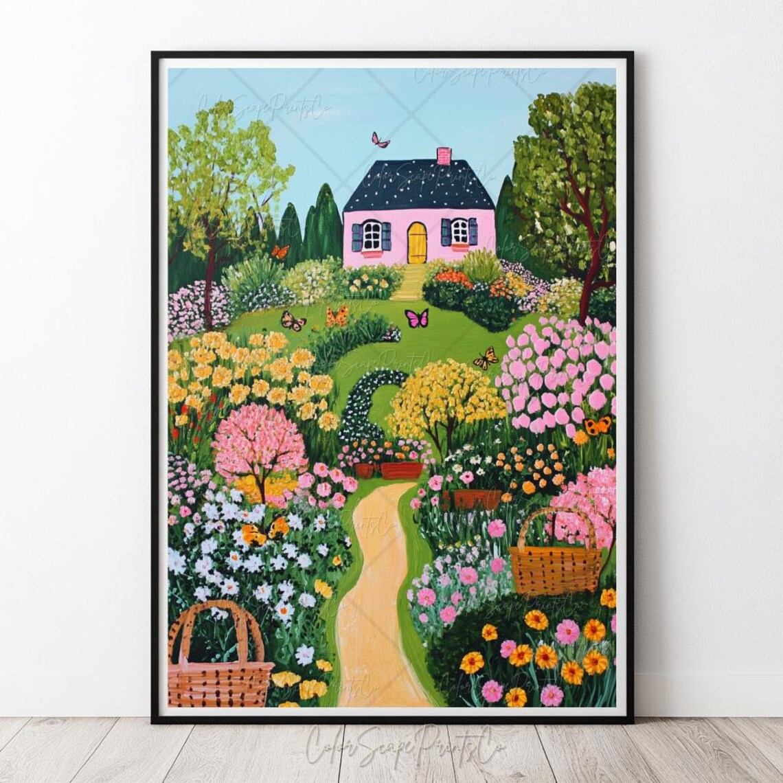 Pink Cottage Blooming Flower Garden Butterflies Spring Folk Art Poster - Image 2