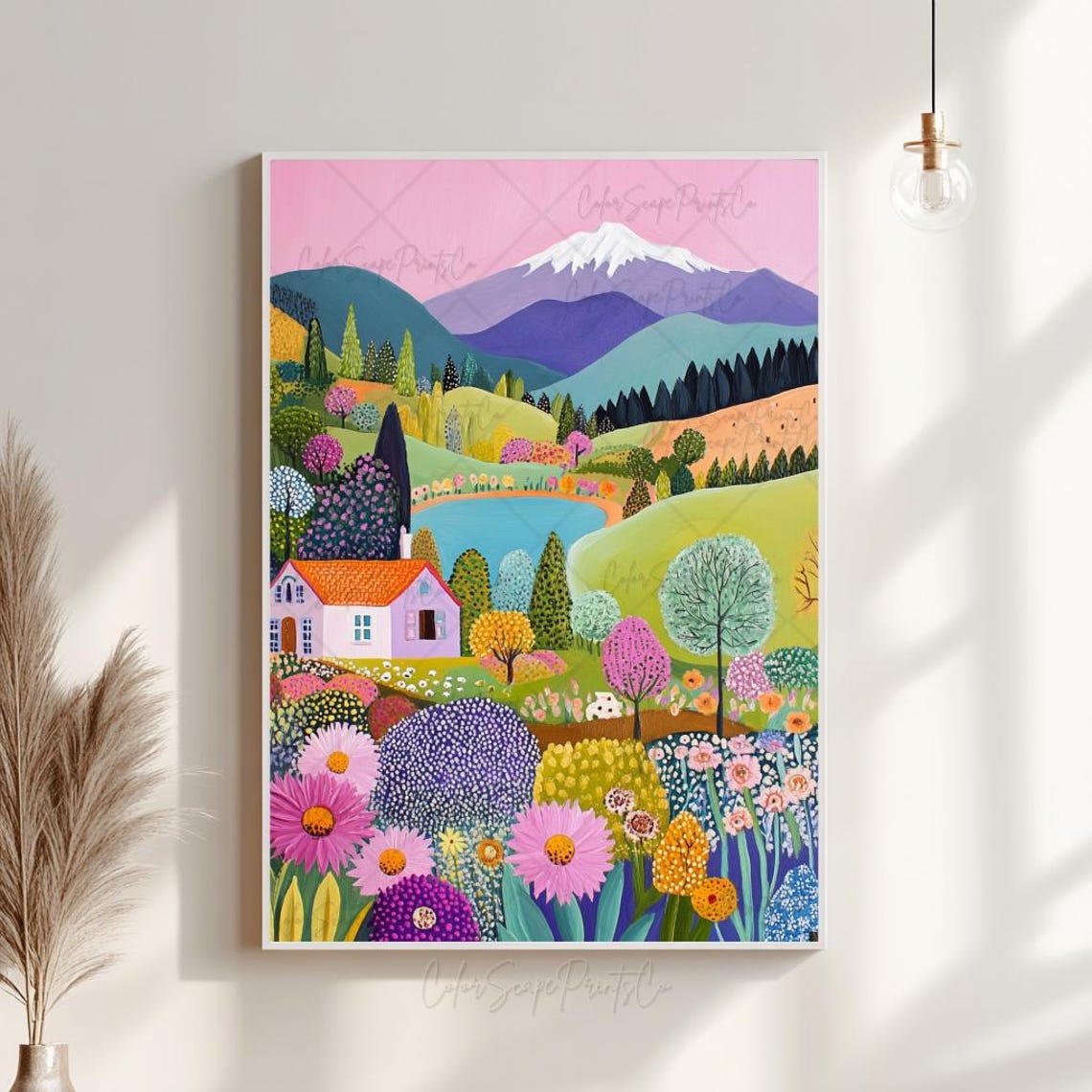 Folk Art Cottage Valley With Lake Wildflowers Mountains Poster - Image 4