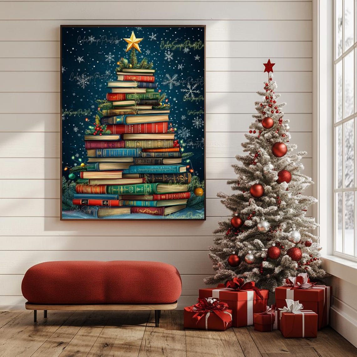Vintage Book Stack Christmas Tree Gold Star Night Library Poster - Image 4
