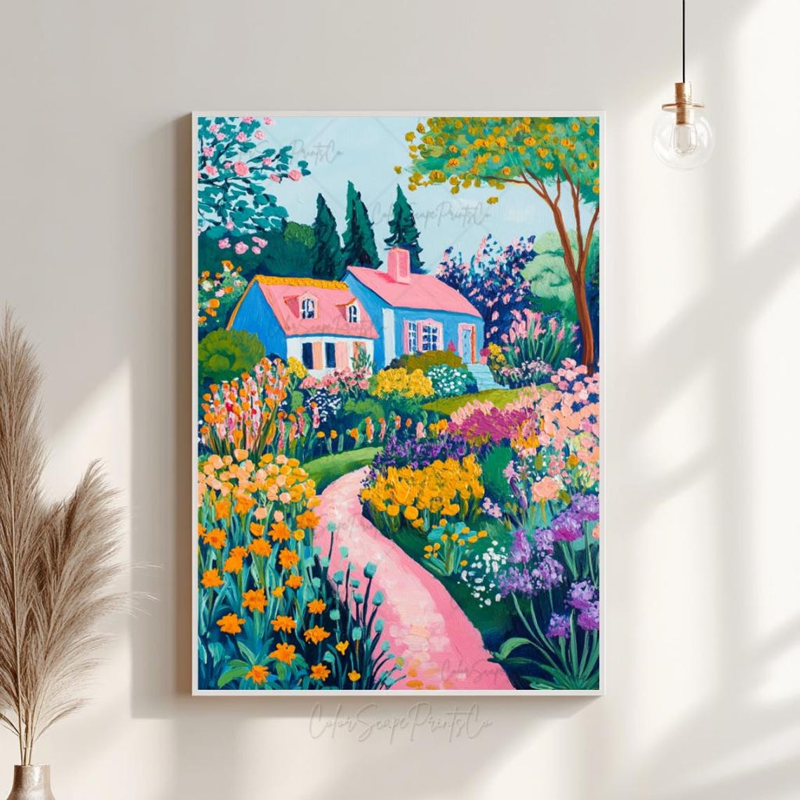 Blue Cottage Wildflower Garden Painting Pink Path Spring Poster - Image 4