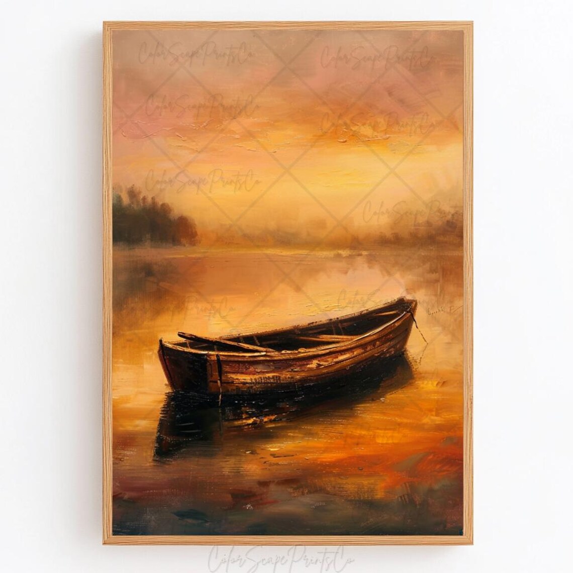 Sunset Painting Sunset Lake Print Sunset Landscape Art Golden Hour Painting Boat Painting Sunset Over Water Print Lake Scenery Print - Image 2