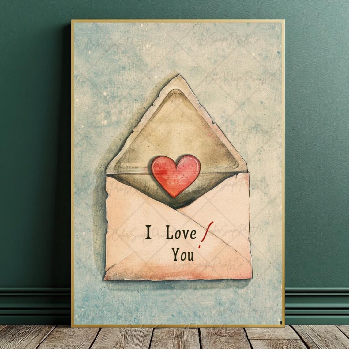 I Love You Vintage Love Letter Envelope Poster with Red Heart - Image 2