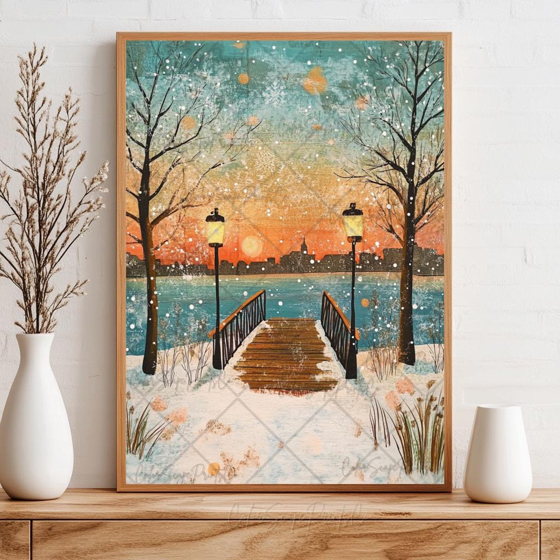 Snowy Winter Print Winter Sunset Painting Snowy Bridge Print Snowy Landscape Print Holiday Wall Art Cozy Winter Scene Winter Wonderland Art - Image 3