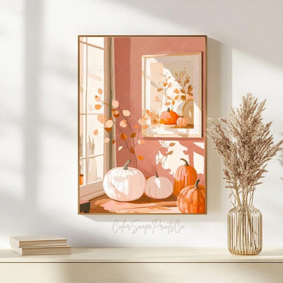 Cozy Pink Autumn Cottage Wall Art Disco Ball Pumpkin Print Fall White Pumpkins Soft Decor