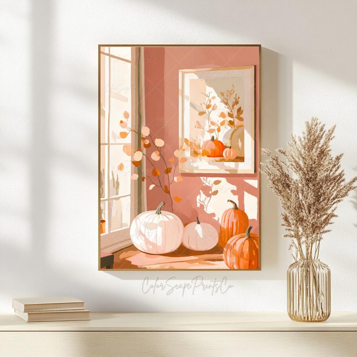 Cozy Pink Autumn Cottage Wall Art Disco Ball Pumpkin Print Fall White Pumpkins Soft Decor