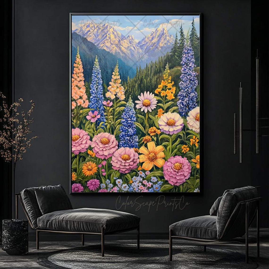 Colorful Wildflower Garden With Mountain Peaks Botanical Poster - Image 4