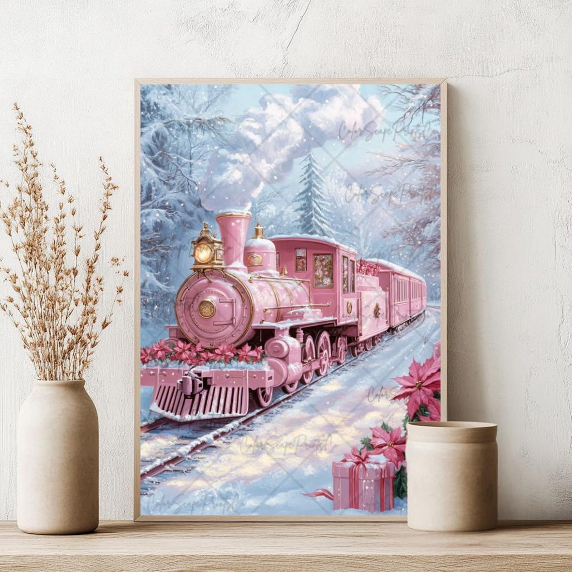 Pink Christmas Train Snowy Forest Steam Locomotive Holiday Poster - Image 3