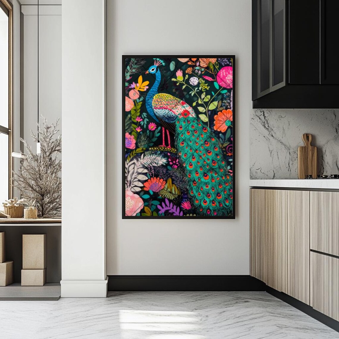 Peacock Painting, Colorful Floral Peacock Print - Image 4