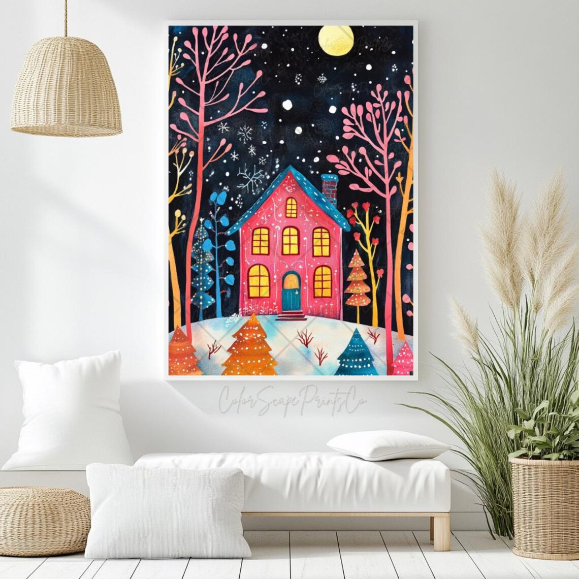 Cute Pink House Snowy Night Moon Winter Wonderland Poster Art - Image 2