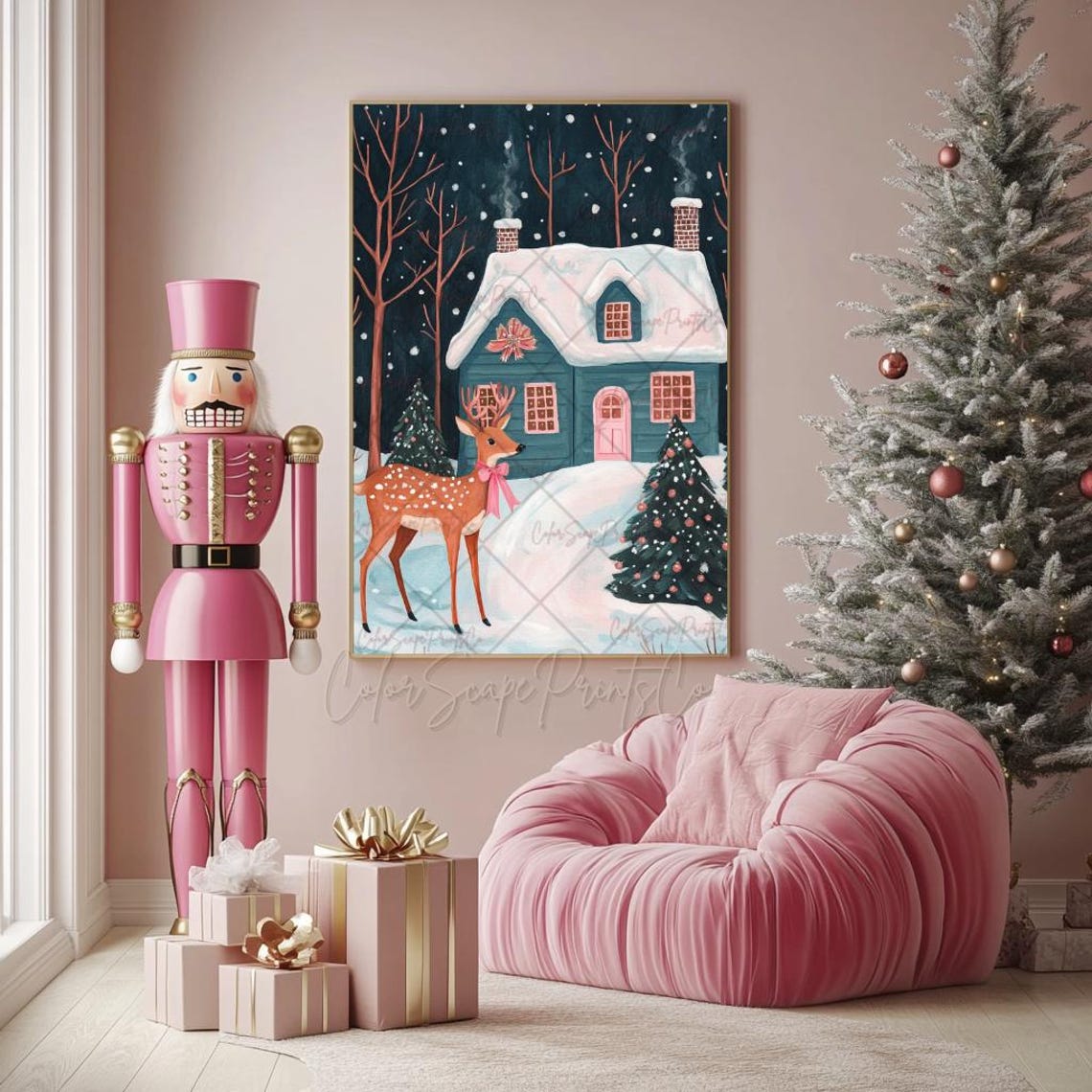 Christmas Reindeer with Pink Bow at Snowy Cabin Holiday Poster - Image 4