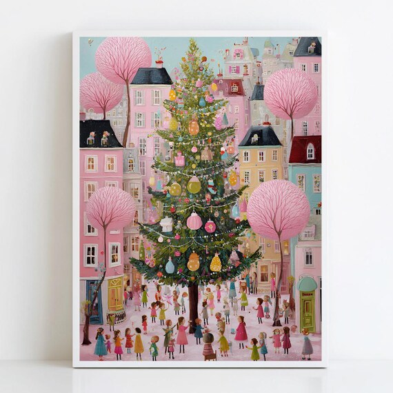Whimsical Pastel Pink Christmas Village Celebration Art Poster
