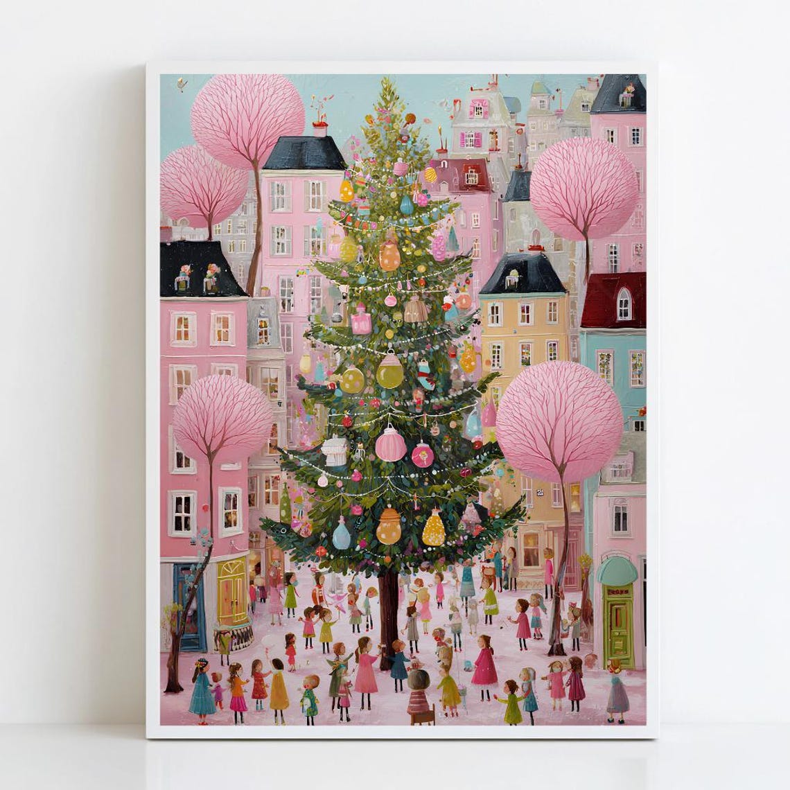Whimsical Pastel Pink Christmas Village Celebration Art Poster