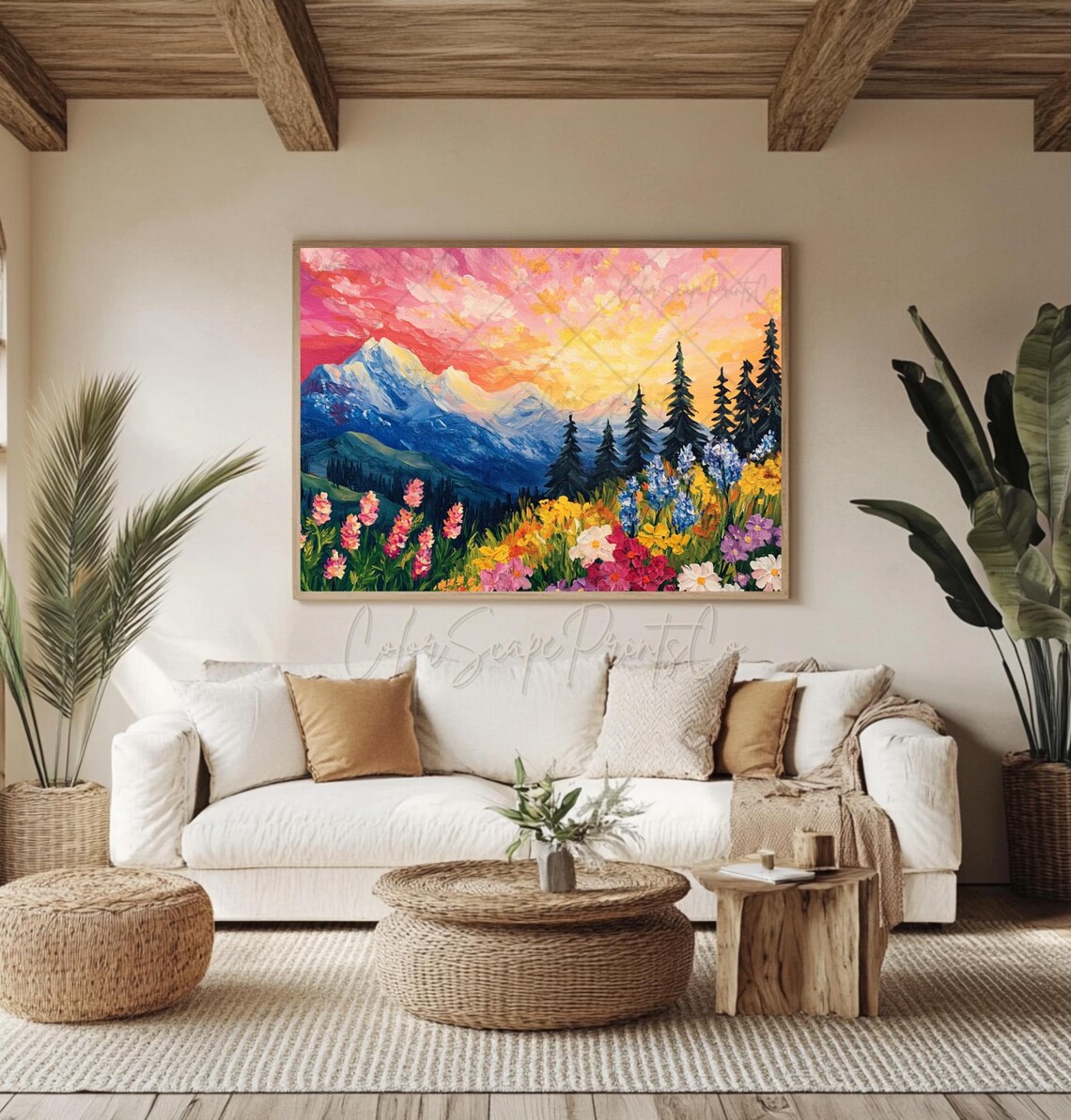 Daisy Mountain Sunset Colorful Wildflower Meadow Landscape Poster - Image 4