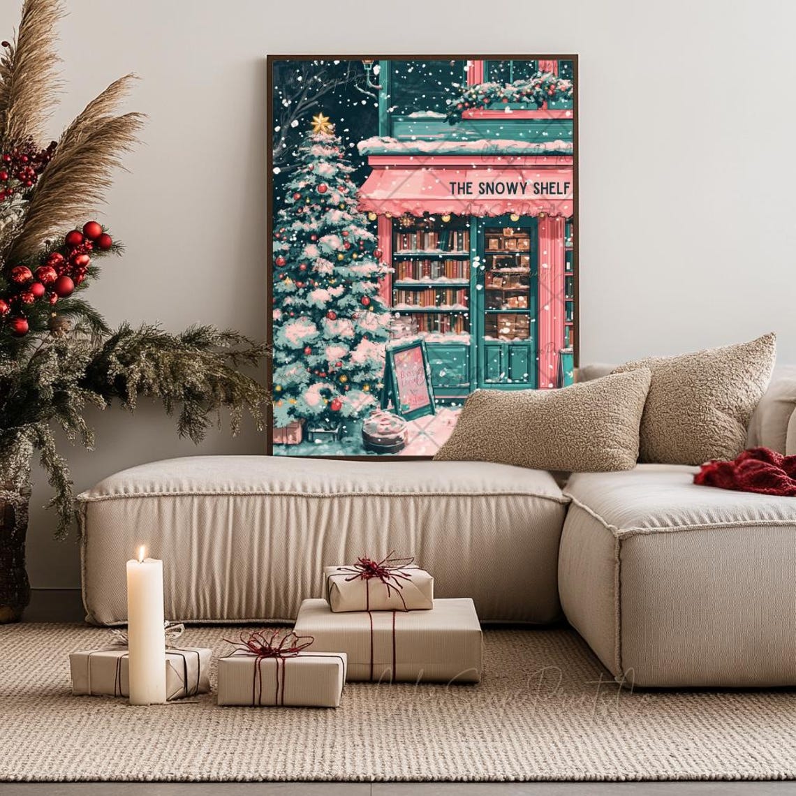 The Snowy Shelf Pink Bookstore Christmas Night Bookshop Poster - Image 3