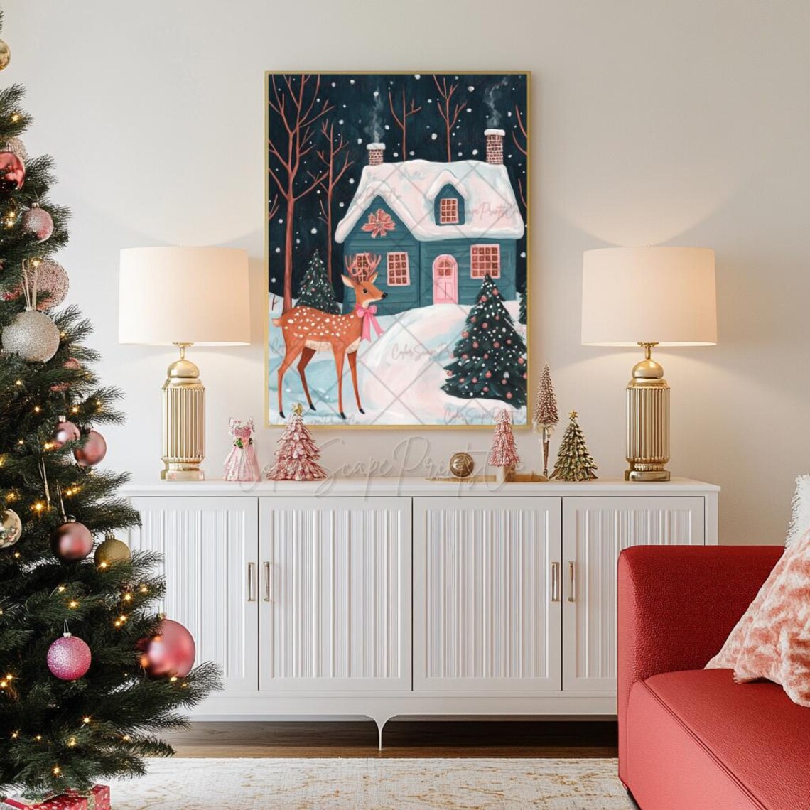 Christmas Reindeer with Pink Bow at Snowy Cabin Holiday Poster - Image 2