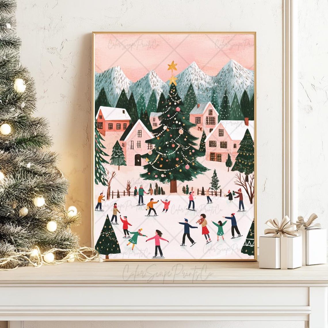 Ice Skating Print Winter Cityscape Painting Winter Wonderland Painting Christmas Village Print Pink House Art Decorated Christmas Tree Print - Image 4