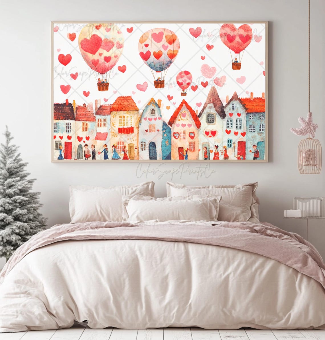 Valentines Day Art Valentines Village Print Hot Air Balloon Ride Festive Village Romantic Painting Colorful Houses Print Dreamy Landscape - Image 3