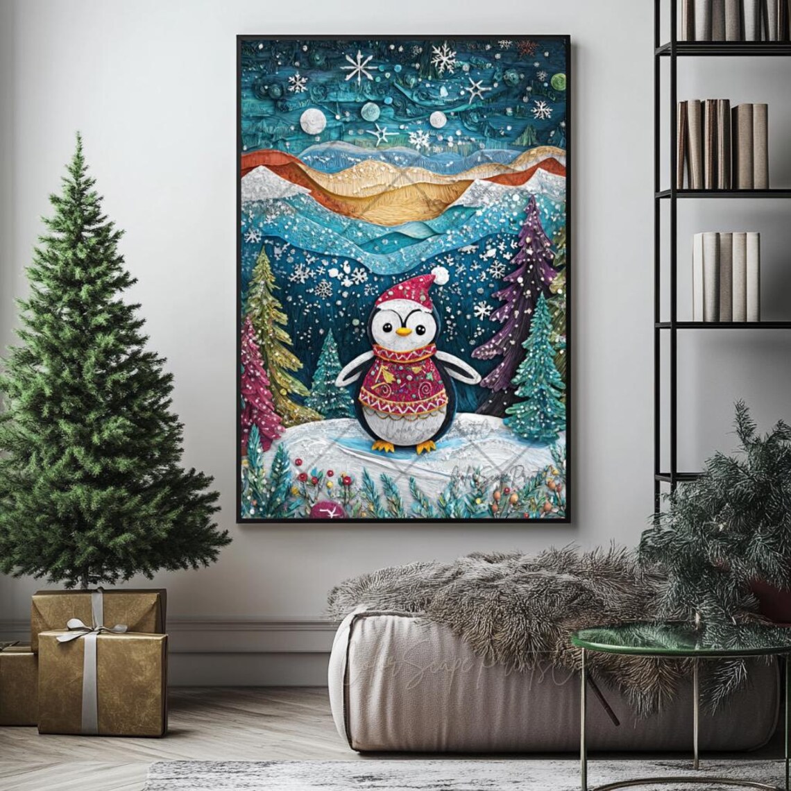 Cute Penguin in Santa Hat Paper Quilling Style Winter Art Poster - Image 4