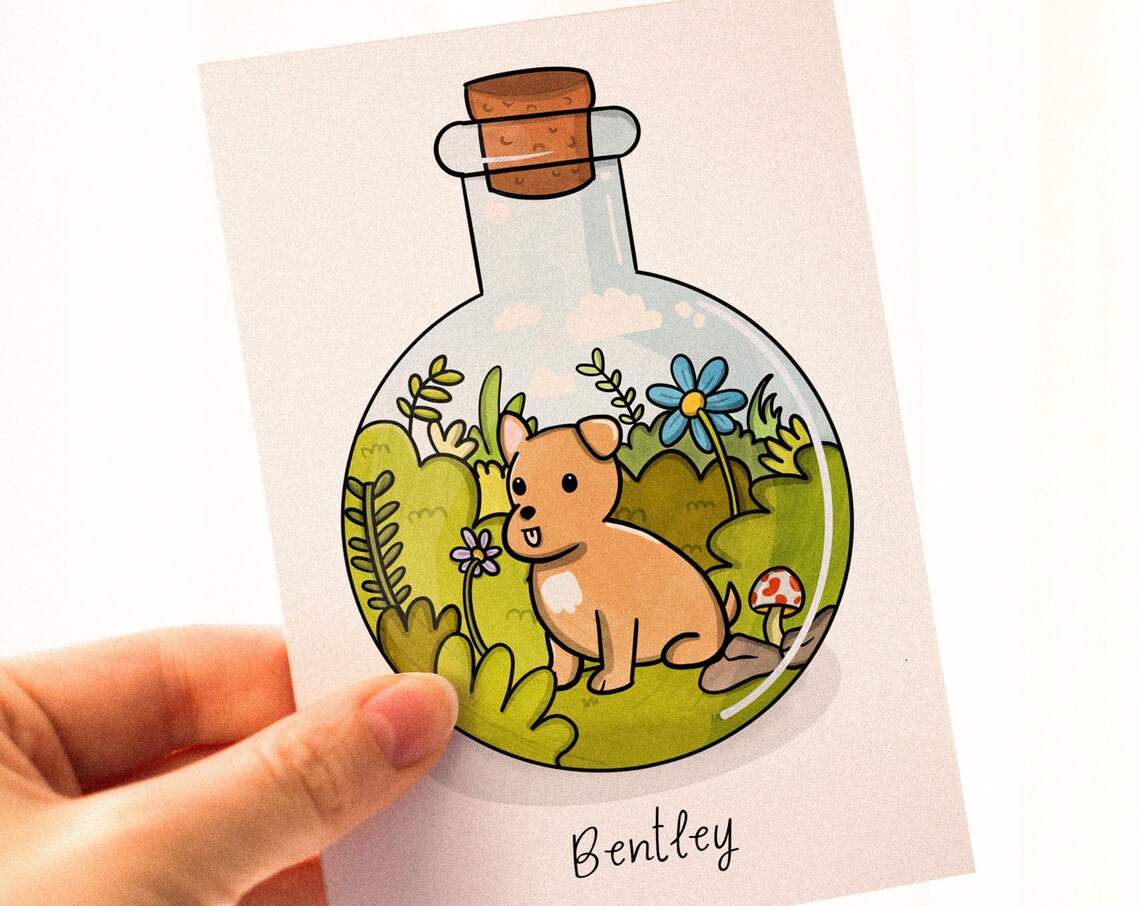 Custom Cartoon Puppy Portrait in Glass Bottle Terrarium Poster