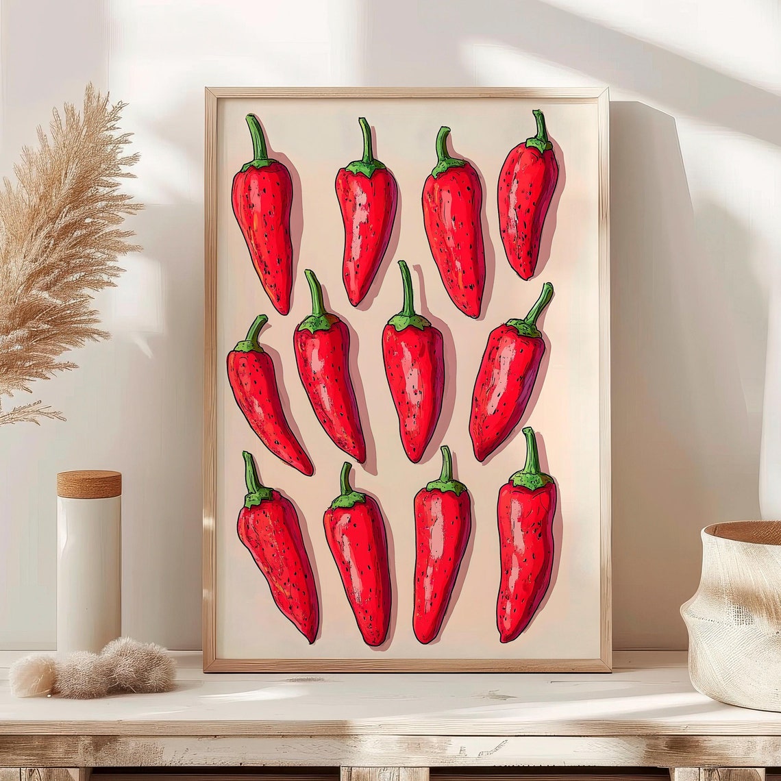 Red Chili Peppers Grid Modern Kitchen Food Illustration Poster
