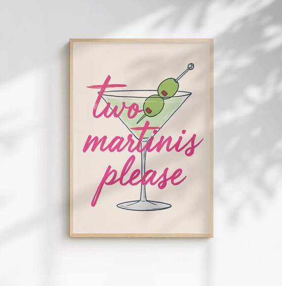 Two Martinis Please Retro Cocktail Glass Olives Bar Cart Print