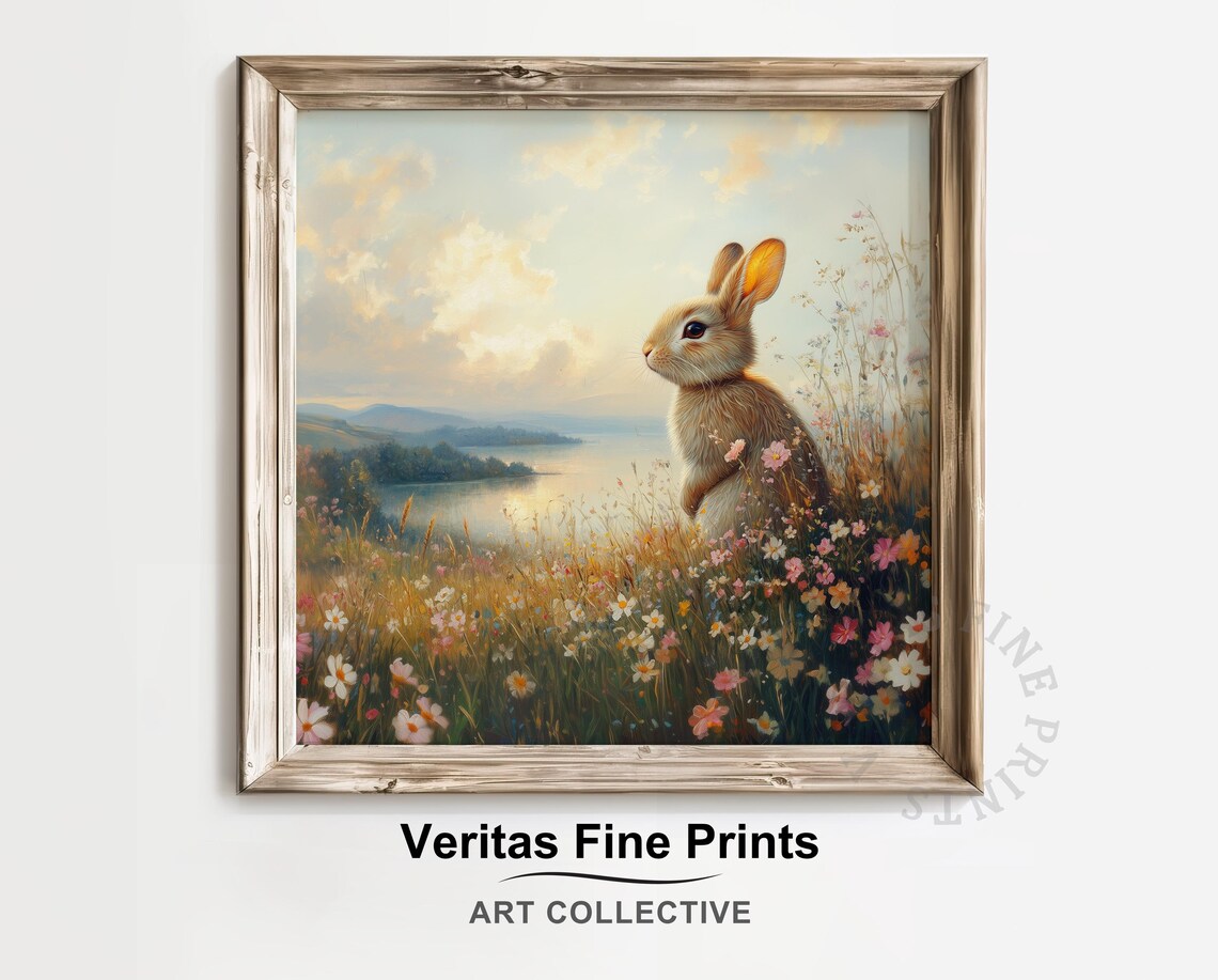 Spring Bunny Overlooking Lake in Blooming Wildflower Meadow Poster