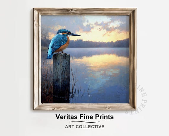 Kingfisher At Sunset Over Lake Tranquil Coastal Bird Painting Moody Water Reflection Wall Art Earthy Nature Landscape Print