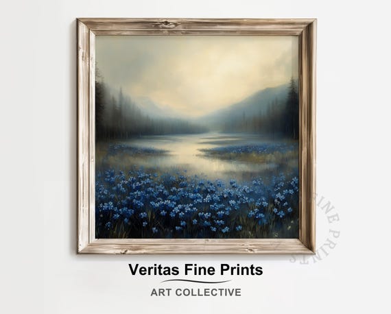 Misty Lake With Wildflowers Moody Nature Landscape Enchanted Forest Wall Art Tranquil Cottagecore Decor Painting
