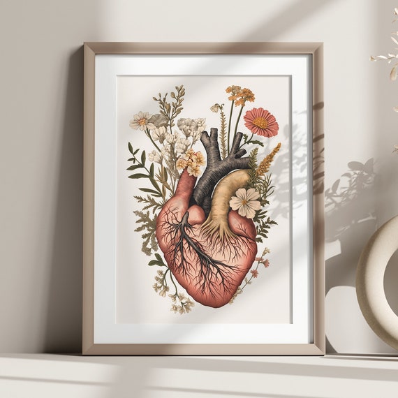 Artistic Nature Design Living Room Botanical Heart Mural Vintage Unique Illustration Blossoms Anatomical Pictures Flowers