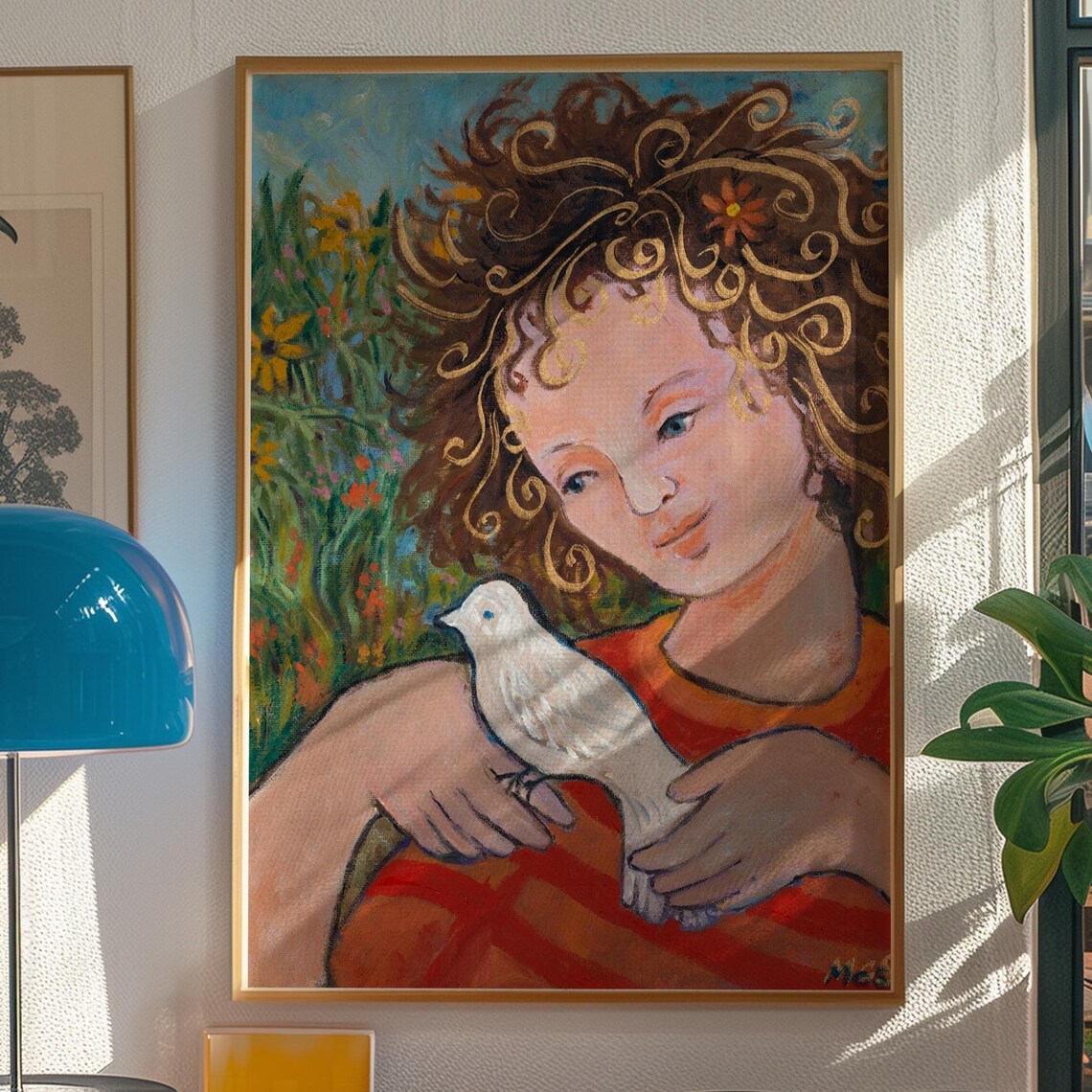 Abstract Portrait Girl White Dove Art Print