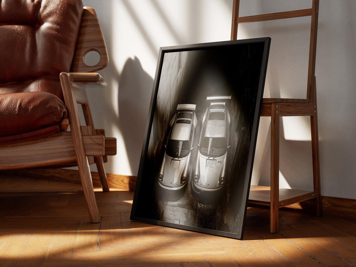 Two White Porsche 911 Cars Brick Alley Black White Photo Poster - Image 2