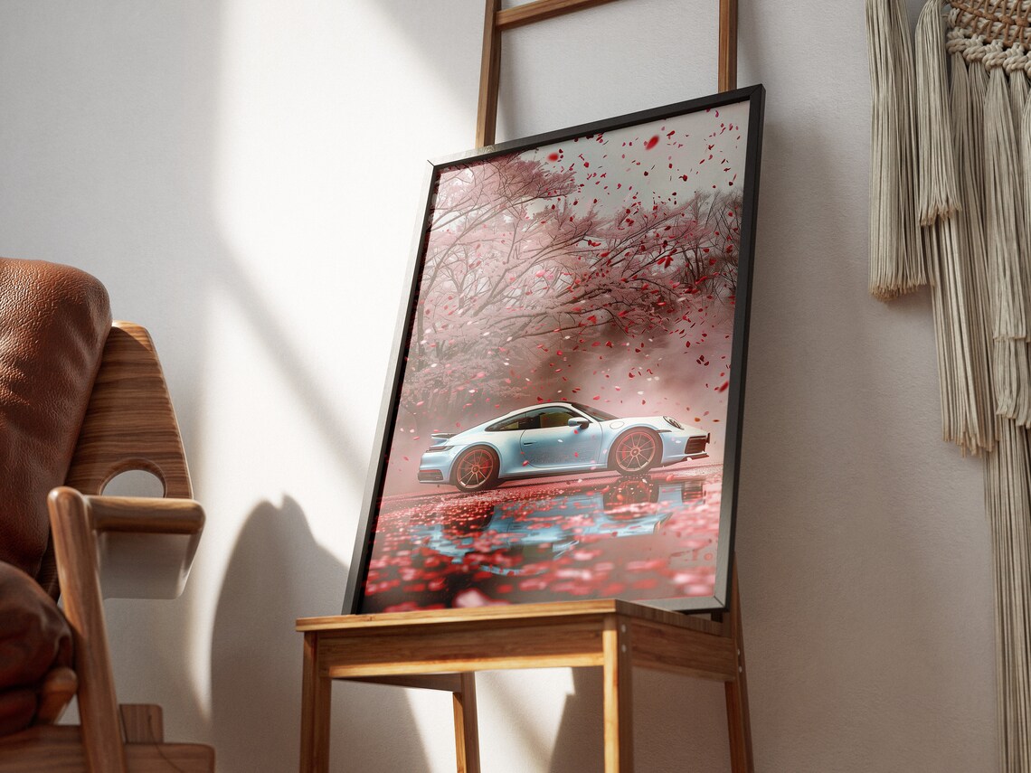 Baby Blue Porsche 911 Cherry Blossom Petal Rain Shower Poster - Image 2