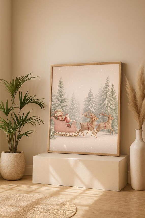 Pink Santa Sleigh Reindeer Snowy Winter Forest Christmas Holiday Print