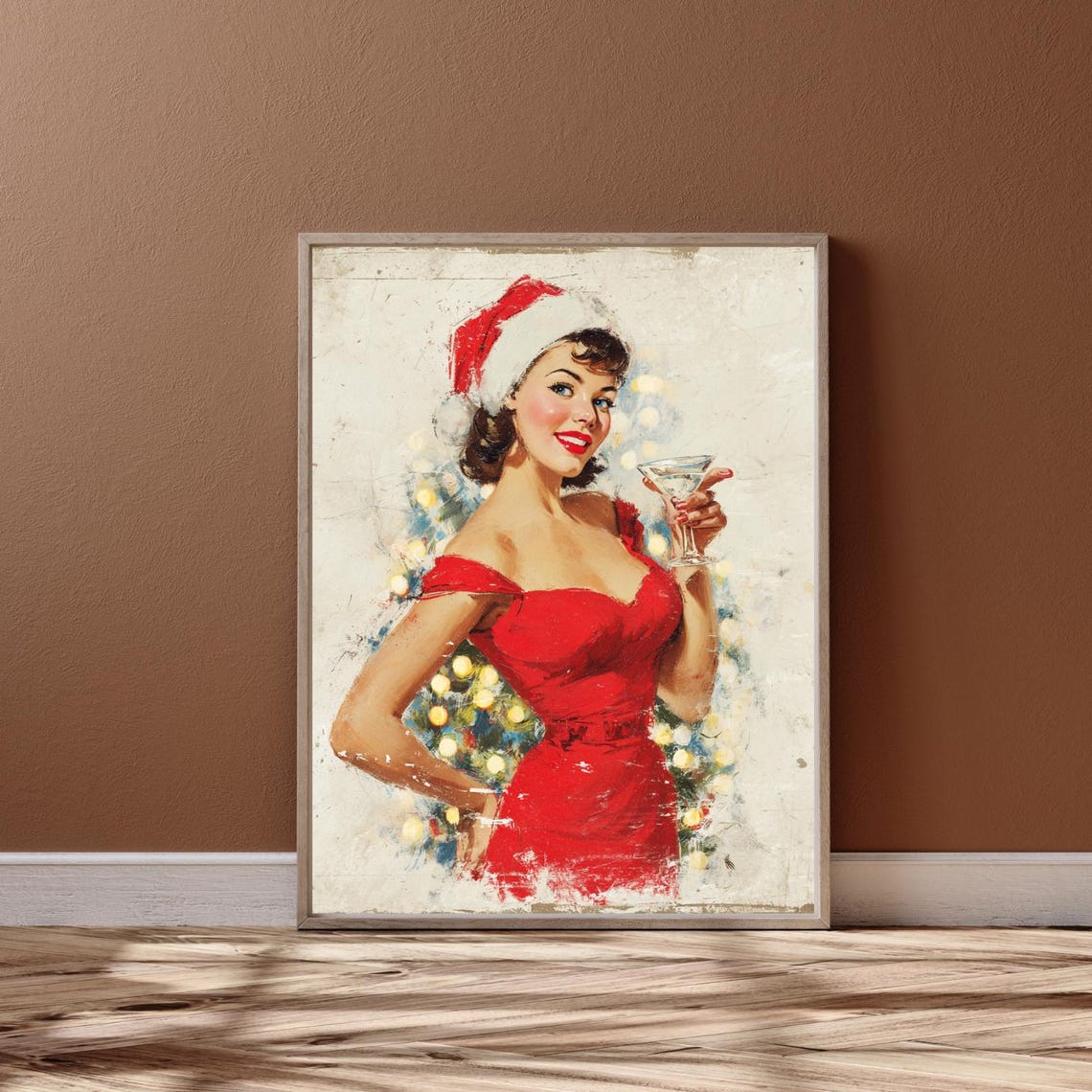 Vintage Christmas Pinup in Red Dress Holding Martini Retro Poster