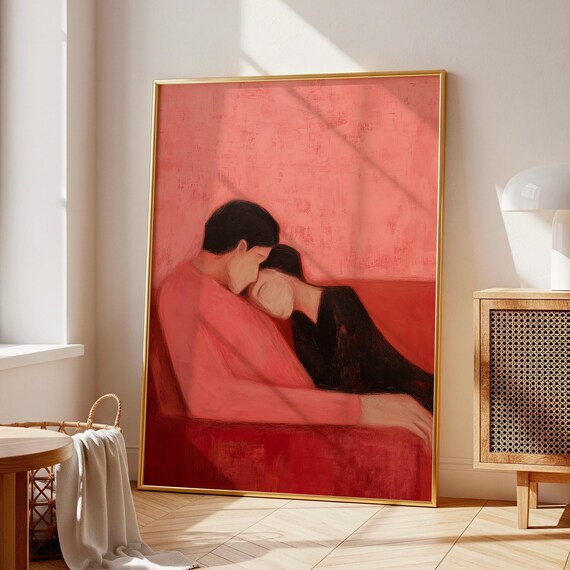 Contemporary Terracotta Wall Art Print Cuddling On Couch Abstract Painting Minimalist Living Room