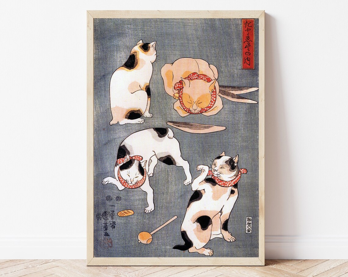 Utagawa Kuniyoshi Four Cats In Different Poses Japanese Woodblock Print
