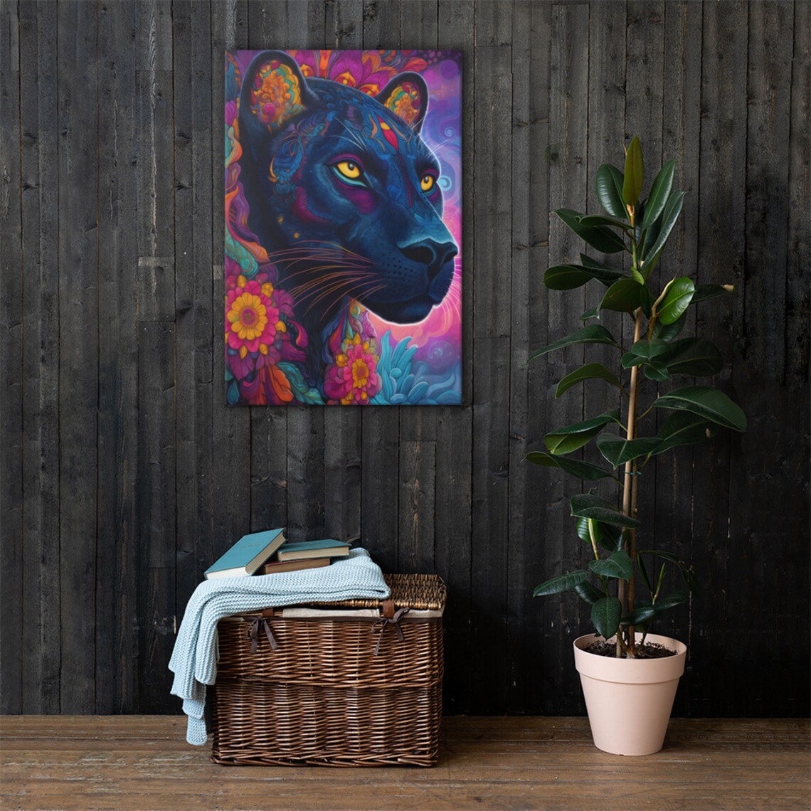 Colorful Black Panther Portrait Yellow Eyes Floral Wildlife Poster